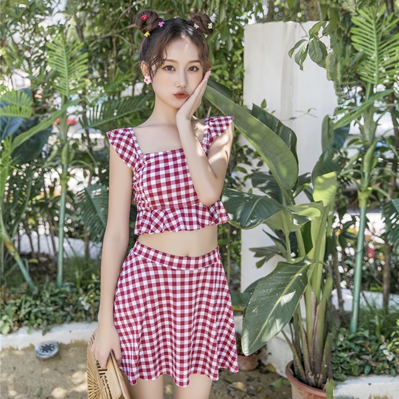 2023新款泳衣女分體比基尼保守小清新格子可愛少女學生泳衣批發廠-細節圖3