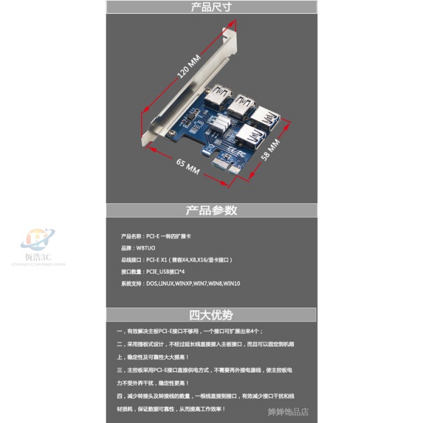 現貨速發 PCIE 1X 1轉四擴展卡 PCI-E一拖四轉接卡 PCIE to 4口 PCIE顯示卡-細節圖5