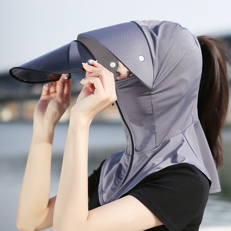 冰絲防曬帽子 夏季女遮陽帽 遮臉口罩一件式帽 騎車防紫外線太陽帽-細節圖2