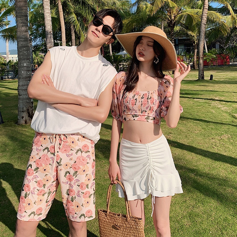 海邊度假 超A甜美情侶泳衣 性感露肚比基尼分體泳衣三件式 小清新男生印花沙灘褲-細節圖2