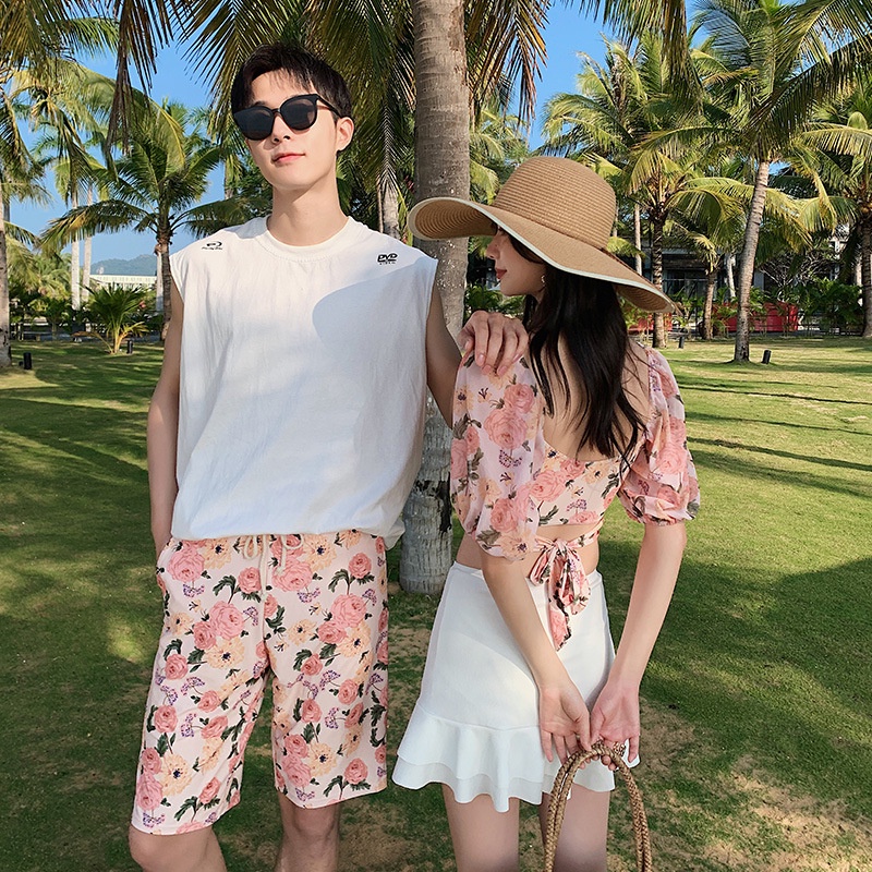 海邊度假 超A甜美情侶泳衣 性感露肚比基尼分體泳衣三件式 小清新男生印花沙灘褲-細節圖3