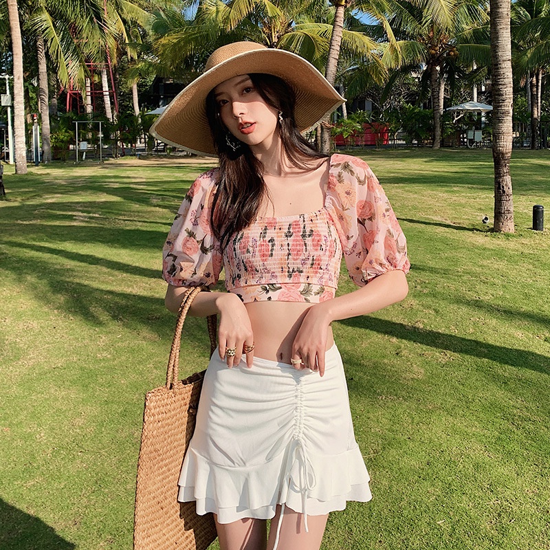 海邊度假 超A甜美情侶泳衣 性感露肚比基尼分體泳衣三件式 小清新男生印花沙灘褲-細節圖4