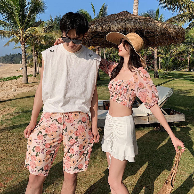 海邊度假 超A甜美情侶泳衣 性感露肚比基尼分體泳衣三件式 小清新男生印花沙灘褲-細節圖6