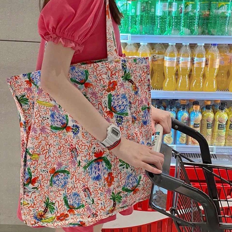 【拾趣】泰國夏日 泰國包包 油畫雙面印花方形包 帆布袋 大容量 斜背包 托特包 小碎花大包-細節圖2