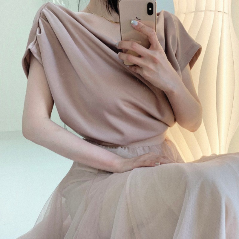 牛奶少女[氣質出眾]韓國chic夏季新款法式顯瘦氣質設計感小眾領口垂墜短袖襯衫上衣女-細節圖4
