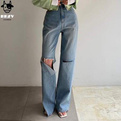 牛奶少女[氣質出眾]韓國chic夏季新款高腰撕破褲腳開叉長褲直筒寬褲顯瘦牛仔褲女
