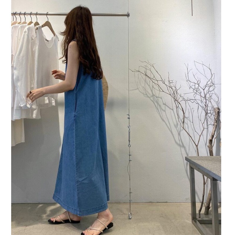 牛奶少女[氣質出眾]韓國chic夏季新款小眾復古明線露背設計寬鬆長款背心牛仔洋裝洋裝女-細節圖5