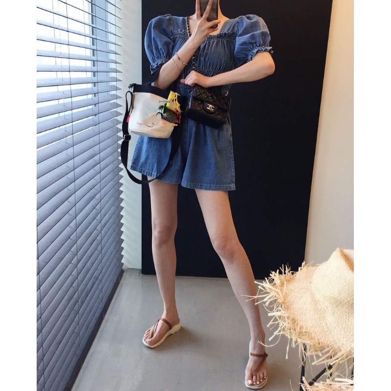 牛奶少女[氣質出眾]韓國chic夏季新款減齡設計感顯瘦寬鬆休閒方領牛仔連體褲洋裝連衣裙女洋裝-細節圖2