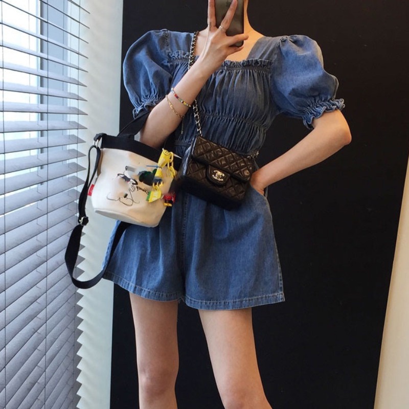 牛奶少女[氣質出眾]韓國chic夏季新款減齡設計感顯瘦寬鬆休閒方領牛仔連體褲洋裝連衣裙女洋裝-細節圖3
