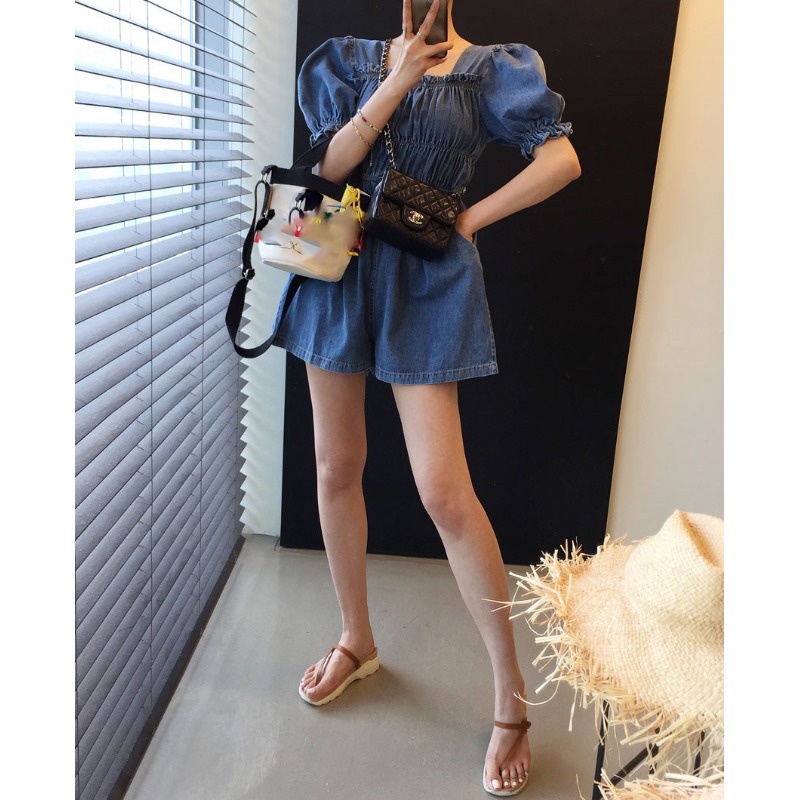 牛奶少女[氣質出眾]韓國chic夏季新款減齡設計感顯瘦寬鬆休閒方領牛仔連體褲洋裝連衣裙女洋裝-細節圖4