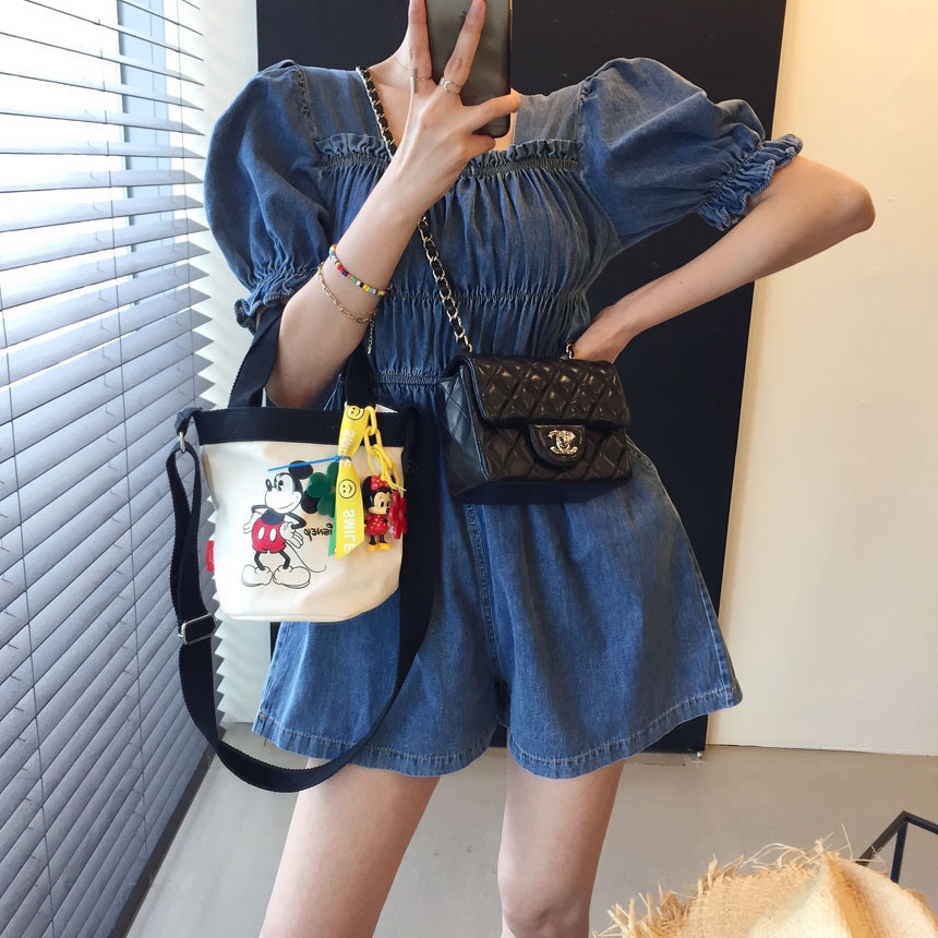 牛奶少女[氣質出眾]韓國chic夏季新款減齡設計感顯瘦寬鬆休閒方領牛仔連體褲洋裝連衣裙女洋裝-細節圖8