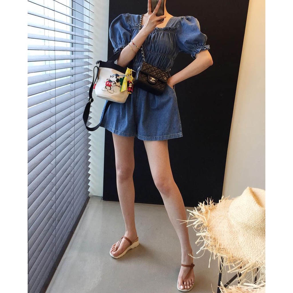 牛奶少女[氣質出眾]韓國chic夏季新款減齡設計感顯瘦寬鬆休閒方領牛仔連體褲洋裝連衣裙女洋裝-細節圖9
