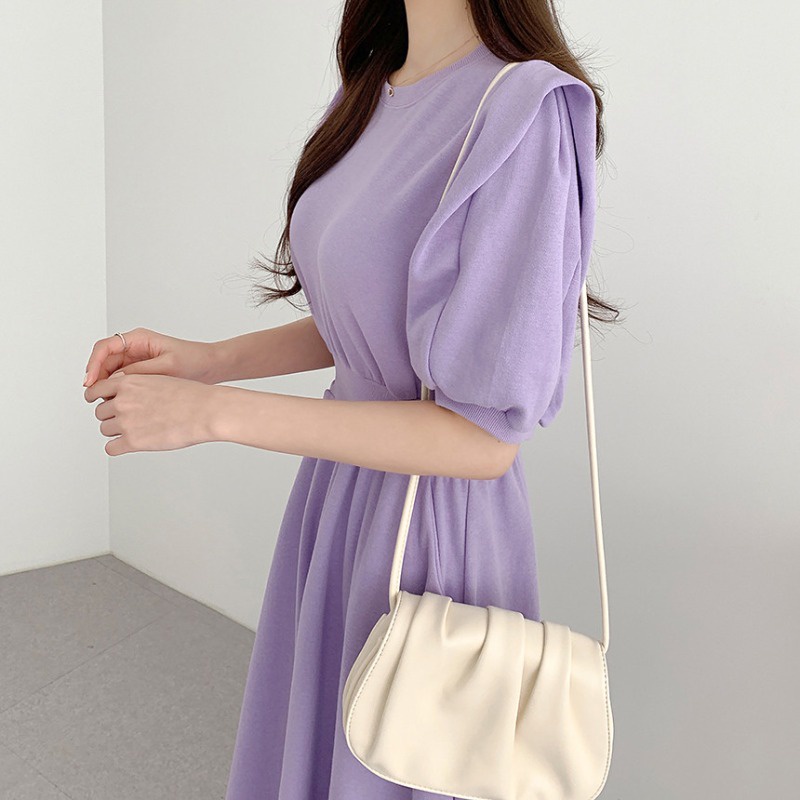 牛奶少女[小眾設計]韓國chic設計感小眾收腰大裙襬短袖洋裝洋裝女夏季紫色氣質仙女裙子-細節圖4