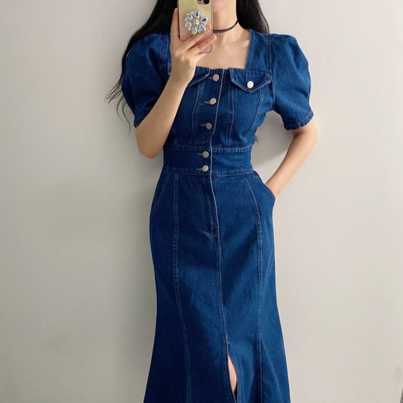 牛奶少女[氣質出眾]韓國chic夏季新款顯瘦開叉氣質方領牛仔魚尾裙子中長款洋裝洋裝女-細節圖2
