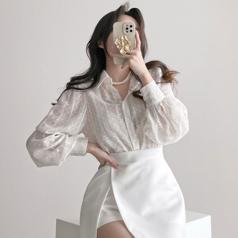 牛奶少女[溫柔不私藏]韓國chic春夏法式氣質性感透視長袖襯衫女黑白色甜美減齡防曬上衣-細節圖2