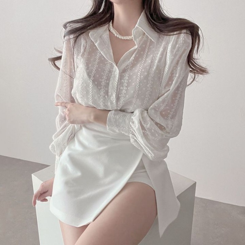 牛奶少女[溫柔不私藏]韓國chic春夏法式氣質性感透視長袖襯衫女黑白色甜美減齡防曬上衣-細節圖3