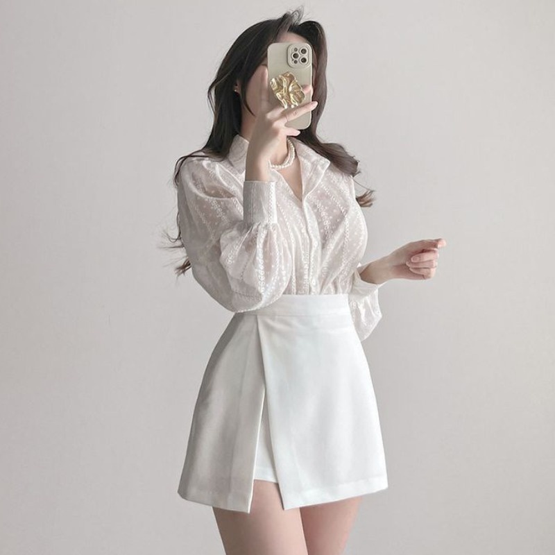 牛奶少女[溫柔不私藏]韓國chic春夏法式氣質性感透視長袖襯衫女黑白色甜美減齡防曬上衣-細節圖4