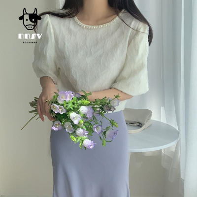 牛奶少女[任2件摺30]韓國chic法式溫柔氣質泡泡袖珍珠裝飾短袖套頭襯衫甜美減齡上衣女