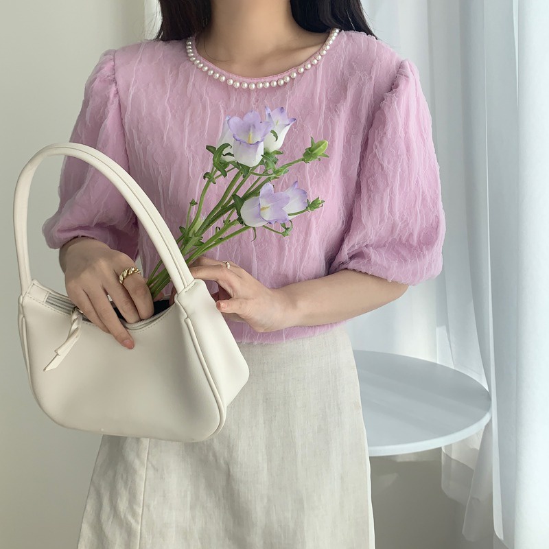 牛奶少女[任2件摺30]韓國chic法式溫柔氣質泡泡袖珍珠裝飾短袖套頭襯衫甜美減齡上衣女-細節圖2