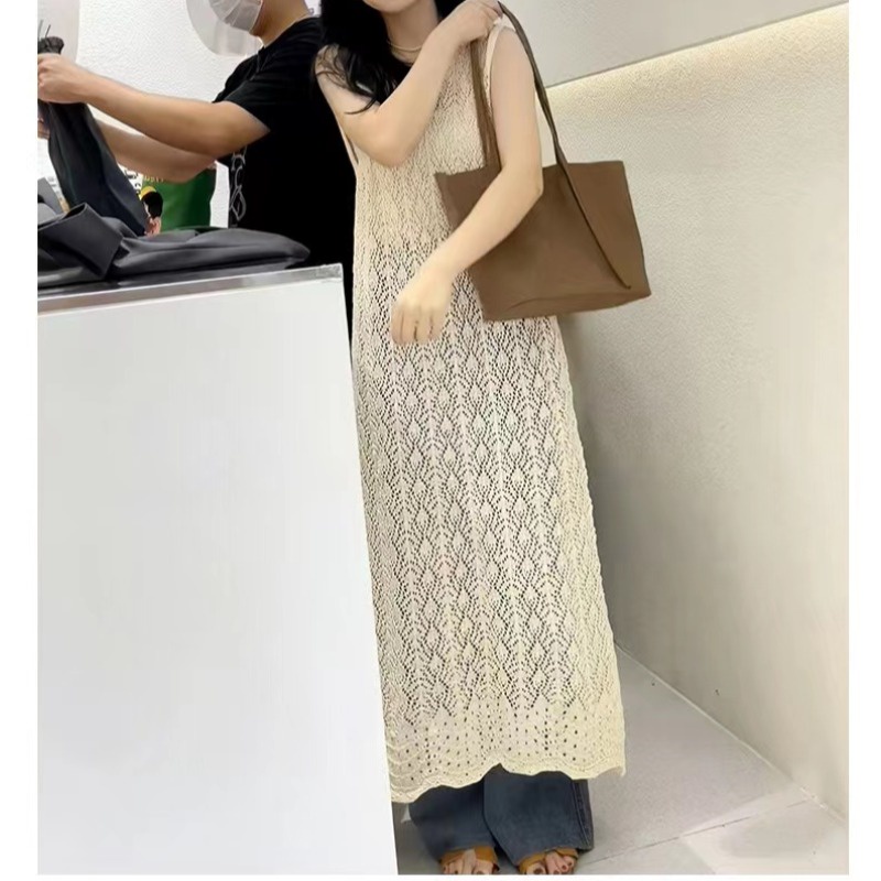 牛奶少女【美到窒息】韓國chic夏季新款設計感小眾減齡針織背心裙中長款鏤空洋裝洋裝女-細節圖3