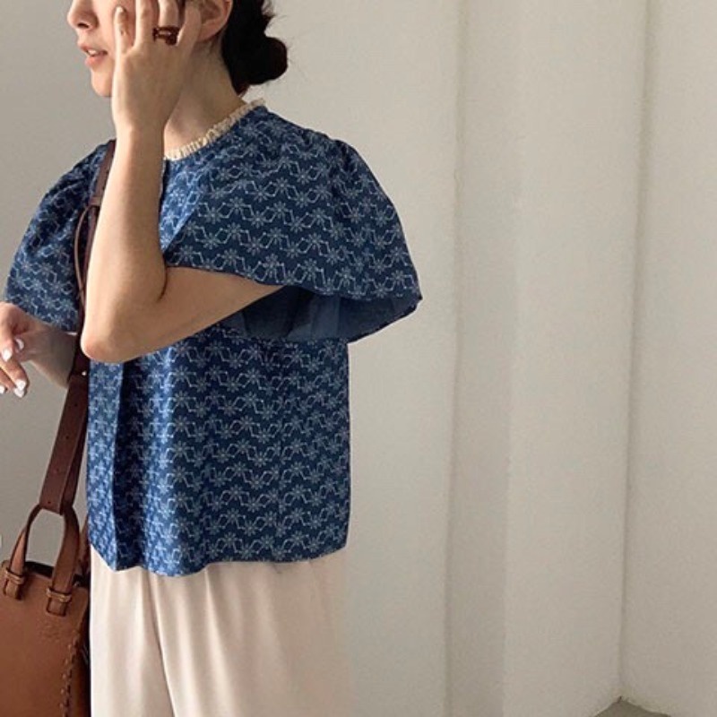 牛奶少女[氣質出眾]韓國chic夏季新款甜美減齡顯瘦薄牛仔印花飛飛袖襯衫單排扣上衣女-細節圖5