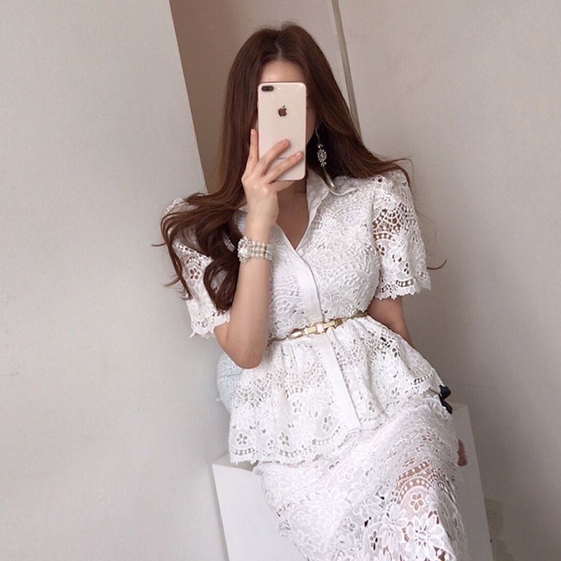 牛奶少女[任2件摺30]韓國chic夏季新款法式優雅氣質刺繡花蕾絲女神範白襯衫獨特別緻上衣-細節圖4
