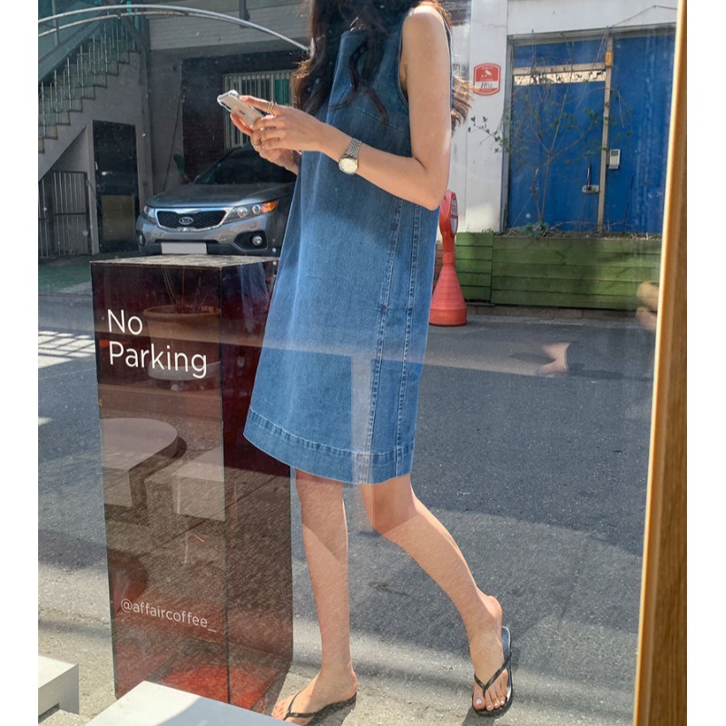 NN少女[輕奢高級]韓國chic夏季復古氣質方領明線設計寬鬆休閒無袖背心牛仔洋裝洋裝女-細節圖5