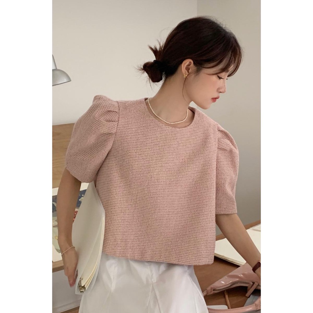 牛奶少女[氣質出眾]韓國chic夏季新款顯瘦設計感小眾小香風圓領外套泡泡袖別緻上衣女-細節圖6