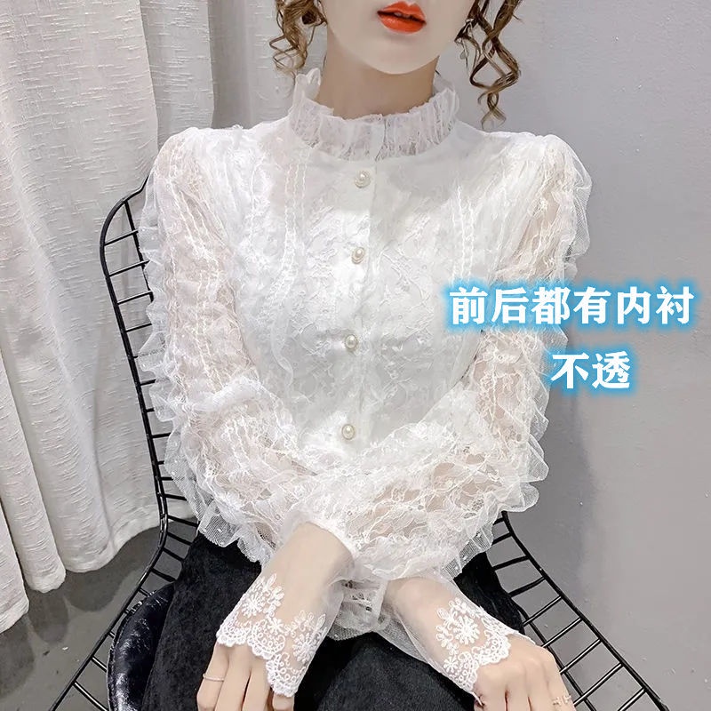 蕾絲打底衫外穿女2021早秋新款百搭洋氣蕾絲小外套法式立領長袖上衣-細節圖3