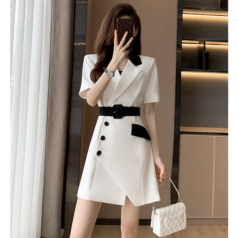 單排扣式白色洋裝夏季新款女裝法女夏高級設計感小眾西裝裙-細節圖3