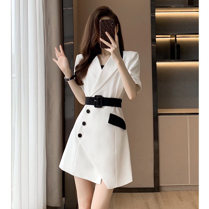 單排扣式白色洋裝夏季新款女裝法女夏高級設計感小眾西裝裙-細節圖4
