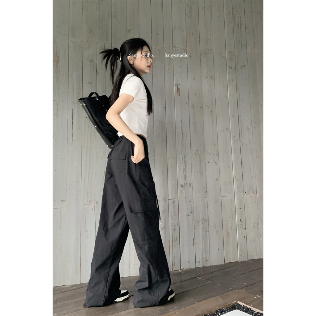 mistletoe 美式復古短袖t恤+黑色素色美式寬鬆低腰休閒工裝褲 短袖套裝-細節圖9