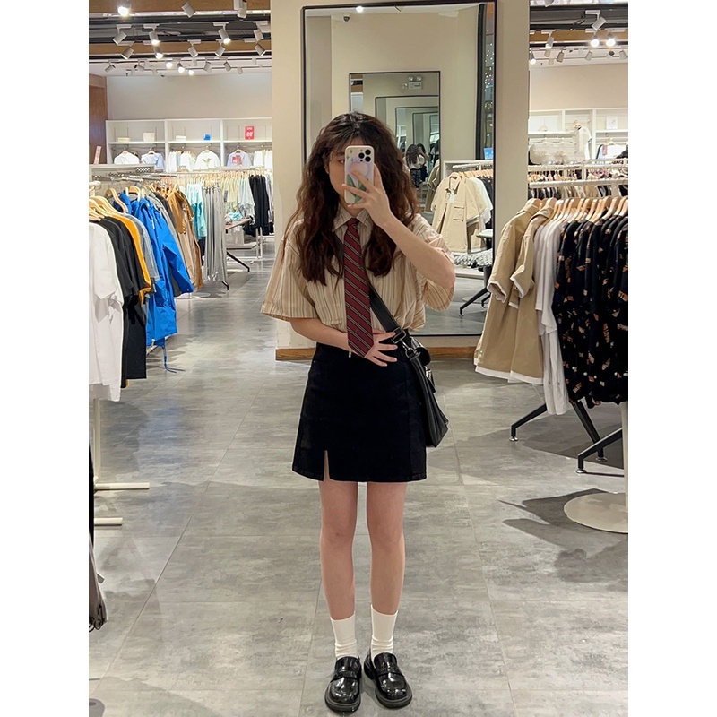 mistletoe 韓國學院風條紋襯衫 長袖襯衫+黑色開叉短裙 短袖套裝 x-細節圖3