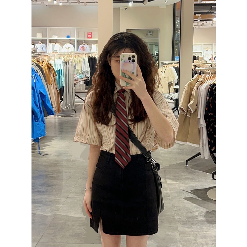 mistletoe 韓國學院風條紋襯衫 長袖襯衫+黑色開叉短裙 短袖套裝 x-細節圖4