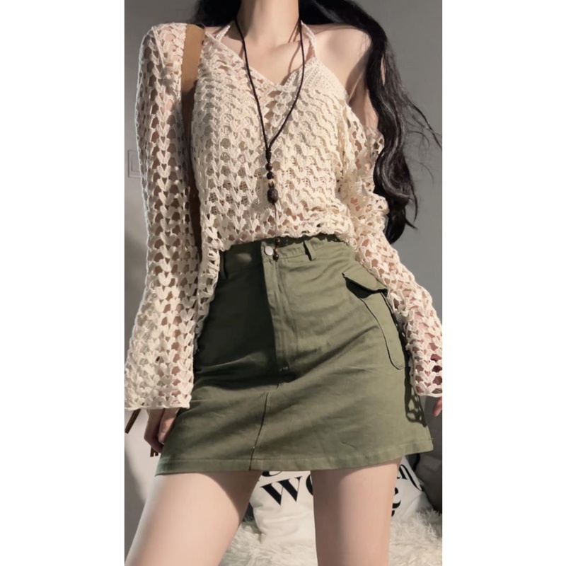 mistletoe 韓國顯瘦鏤空針織罩衫+背心+半身裙 短袖套裝 x-細節圖3