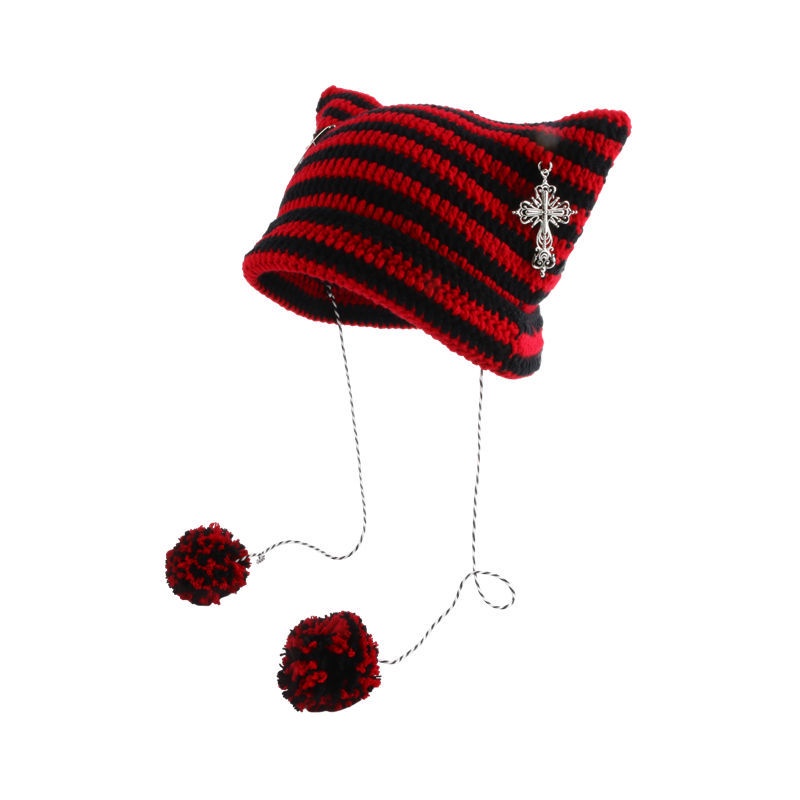 帽子 時尚配飾 設計感 手工朋克 貓咪耳朵 十字架 球球 毛線帽 針織帽 保暖頭套帽 冷帽-細節圖5