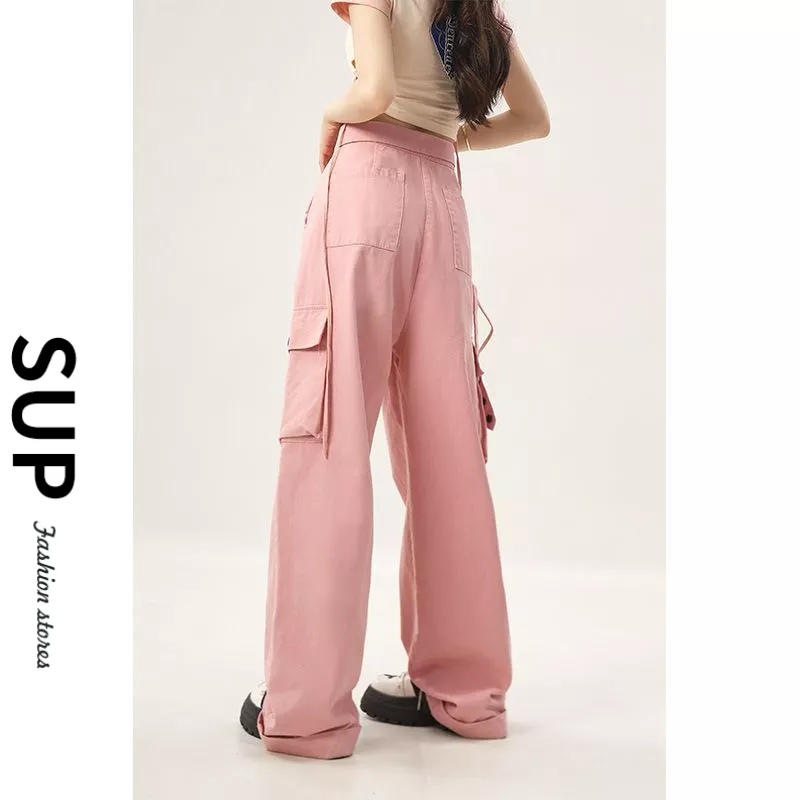 多巴胺穿搭 工裝褲女 美式工裝褲 復古長褲 小個子長褲 運動緊身褲 落地褲 衛褲 粉色工裝褲薄款休閑闊腿長褲 寬褲女-細節圖3