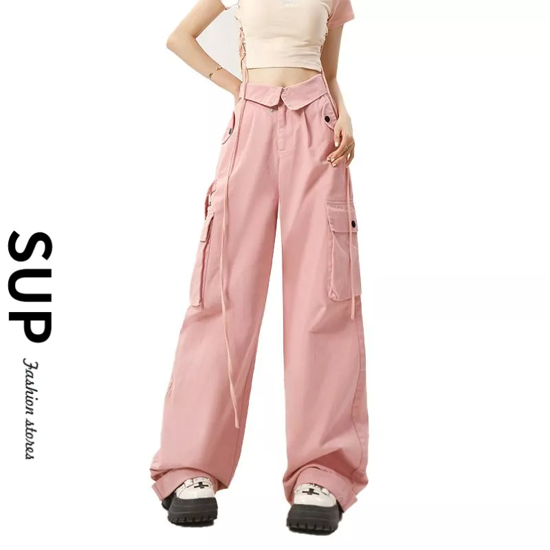 多巴胺穿搭 工裝褲女 美式工裝褲 復古長褲 小個子長褲 運動緊身褲 落地褲 衛褲 粉色工裝褲薄款休閑闊腿長褲 寬褲女-細節圖5