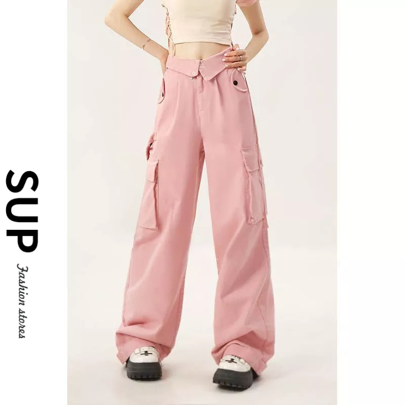 多巴胺穿搭 工裝褲女 美式工裝褲 復古長褲 小個子長褲 運動緊身褲 落地褲 衛褲 粉色工裝褲薄款休閑闊腿長褲 寬褲女-細節圖8