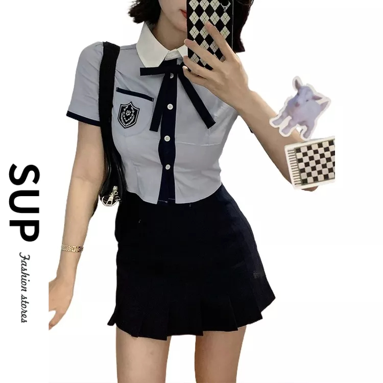 純欲洋裝 韓版女裝 韓系制服 學院風 藍色短袖襯衫 黑色半裙 A字裙洋裝 夏天洋裝 正韓洋裝 性感 顯瘦 修身 裙子套裝-細節圖4