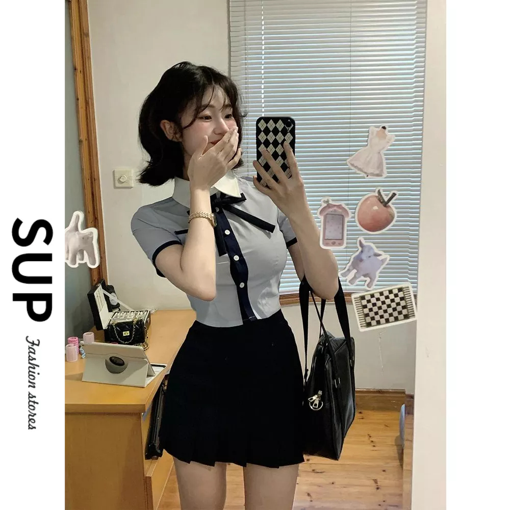 純欲洋裝 韓版女裝 韓系制服 學院風 藍色短袖襯衫 黑色半裙 A字裙洋裝 夏天洋裝 正韓洋裝 性感 顯瘦 修身 裙子套裝-細節圖8