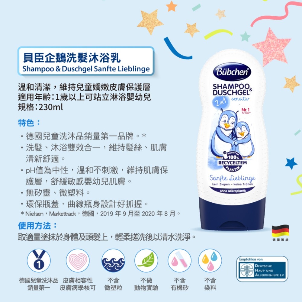 德國 Bubchen 貝臣洗髮沐浴乳230ml 三款可選<運動足球.大象.企鵝.>洗髮沐浴雙效合一，一瓶搞定 一歲以上用-規格圖9