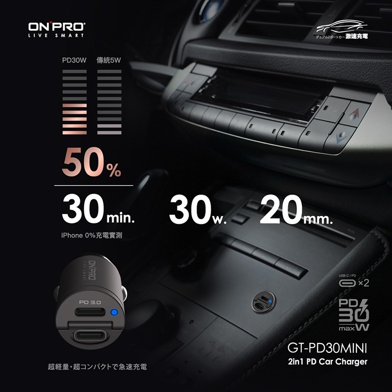 ONPRO GT-PD30MINI PD30W 雙USB-C Type-C 車用充電器 車充 快充 迷你快充車用充電器-細節圖2