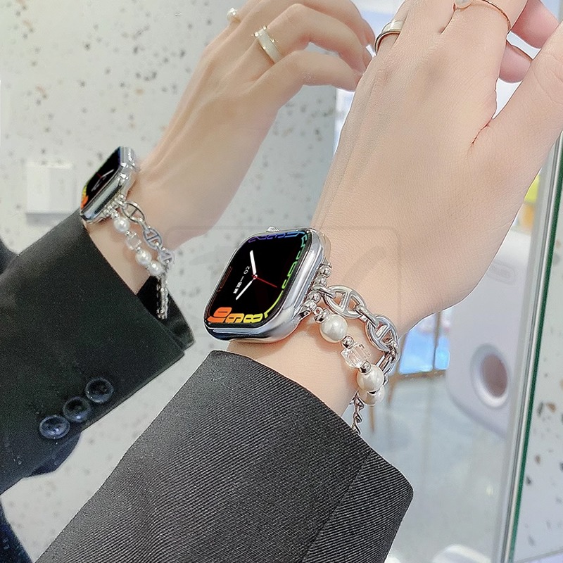 金屬串珠手鏈 適用 Apple watch 錶帶 9 8 7 SE 6 5 4 3 38 40 42 44 41 45-細節圖2