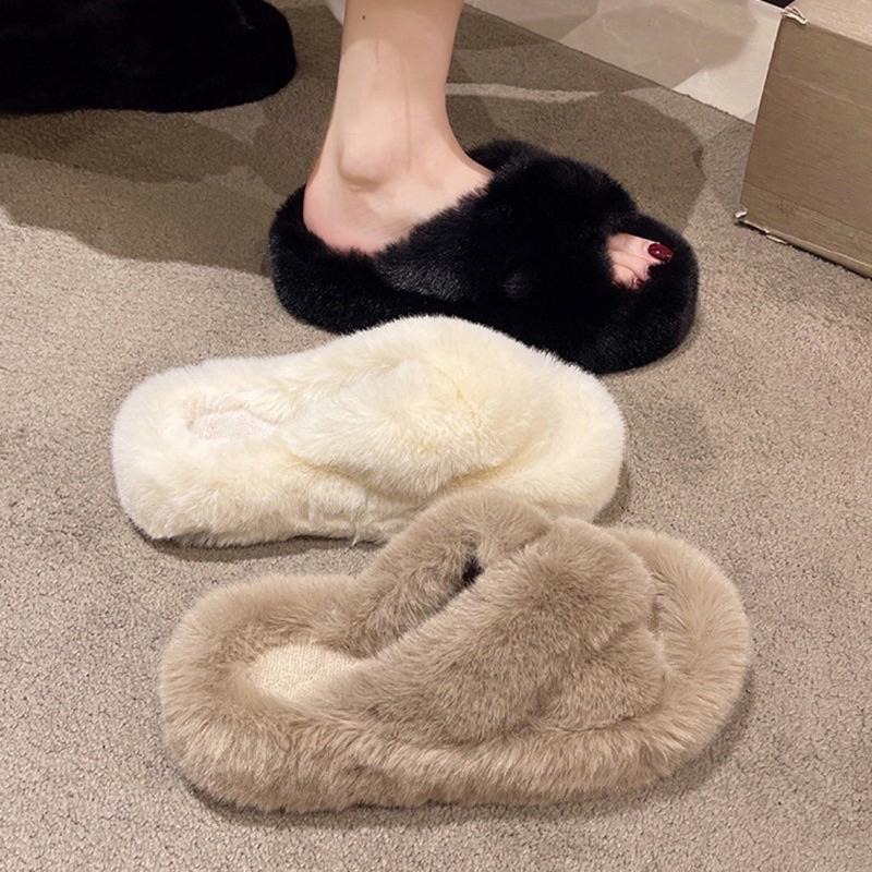 【leleshop】36-41 交叉帶毛毛拖鞋 厚底拖鞋 平底拖鞋 厚底涼拖鞋 室內拖鞋 室外拖鞋 #9901A-細節圖2