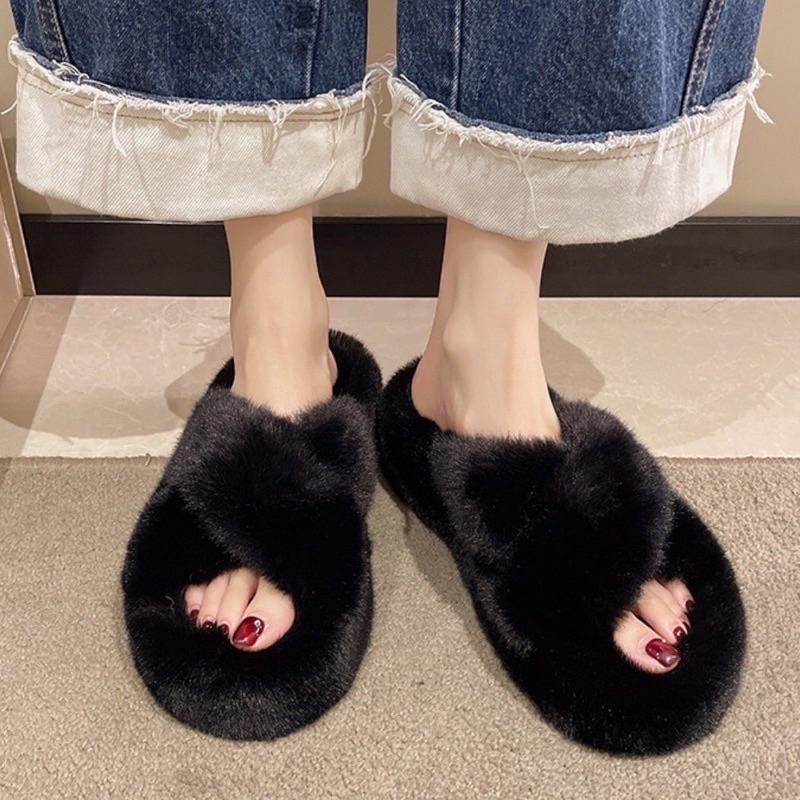 【leleshop】36-41 交叉帶毛毛拖鞋 厚底拖鞋 平底拖鞋 厚底涼拖鞋 室內拖鞋 室外拖鞋 #9901A-細節圖3