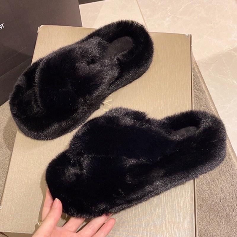 【leleshop】36-41 交叉帶毛毛拖鞋 厚底拖鞋 平底拖鞋 厚底涼拖鞋 室內拖鞋 室外拖鞋 #9901A-細節圖4