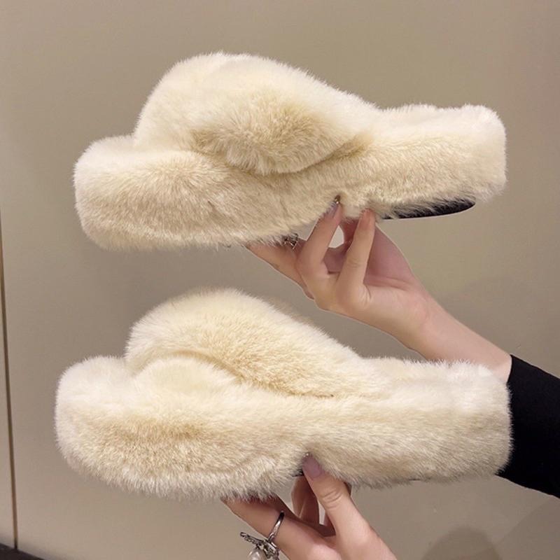 【leleshop】36-41 交叉帶毛毛拖鞋 厚底拖鞋 平底拖鞋 厚底涼拖鞋 室內拖鞋 室外拖鞋 #9901A-細節圖6