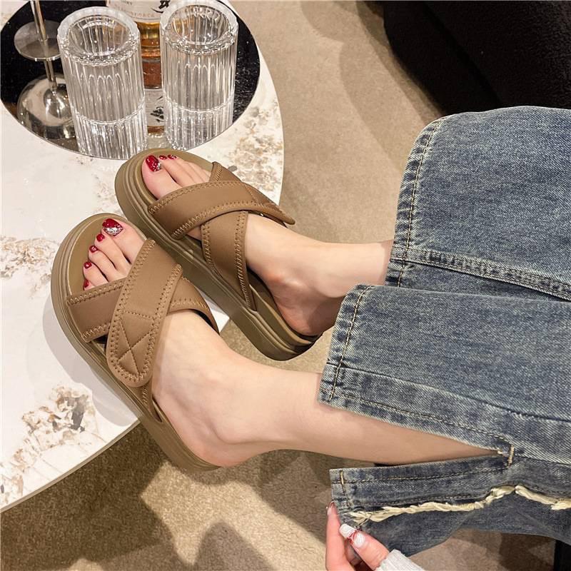 【leleshop】36-40 交叉帶拖鞋 厚底拖鞋 平底拖鞋 女生涼拖鞋 大地色系拖鞋 魔鬼氈可調整 #N09-細節圖7