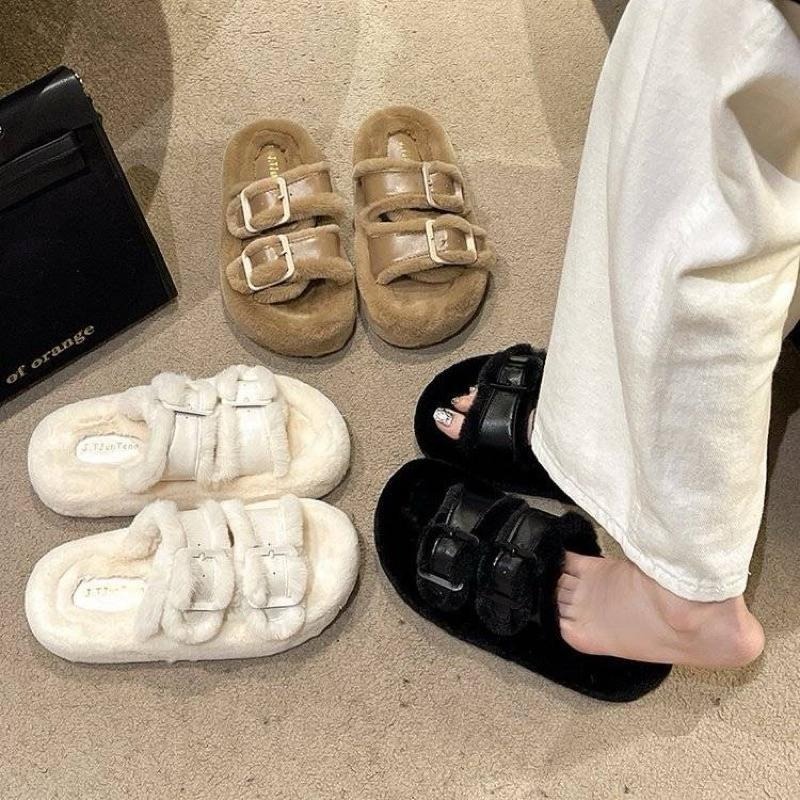 【leleshop】韓版時尚雙帶室內拖鞋 居家拖鞋 毛毛拖鞋 穆勒拖鞋 厚底拖鞋 懶人拖鞋 #951-細節圖2